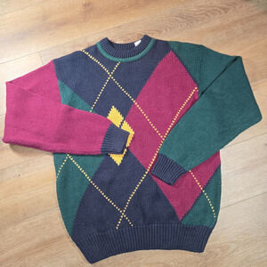 Vintage Sears Roebuck Argyle Sweater Mens L Diamond Knit Retro Preppy Geometric